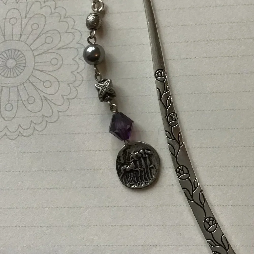 Tibetan Metal Bookmark Flower Engraved - Silver -‎ Purple Beads